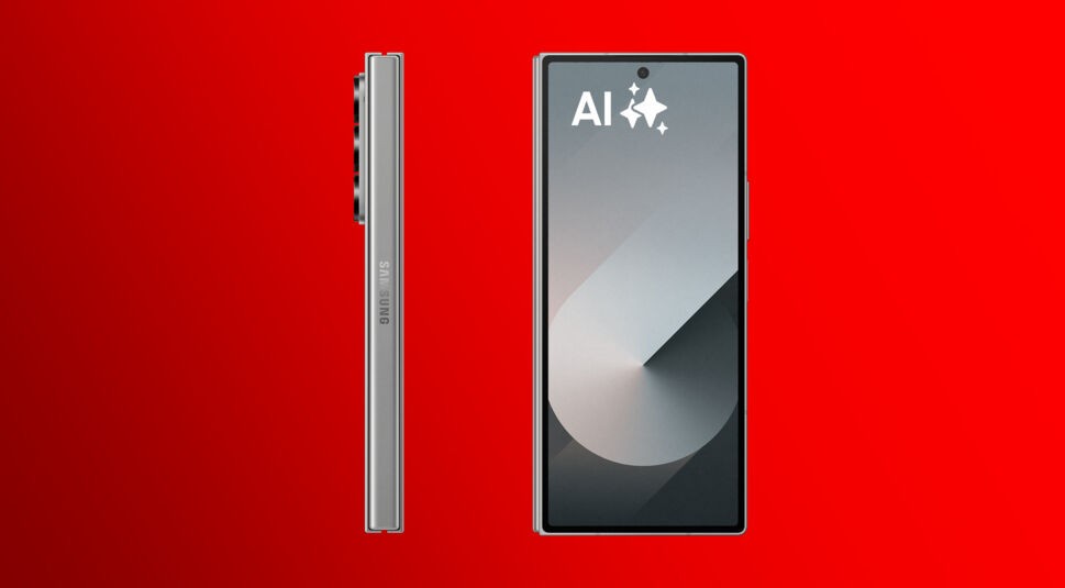 Auf diesem Bild ist das Samsung Galaxy Z Fold6 zu sehen. Auf der linken Seite ist es von der Seite erkennbar und rechts von vorn mit der Aufschrift "AI".