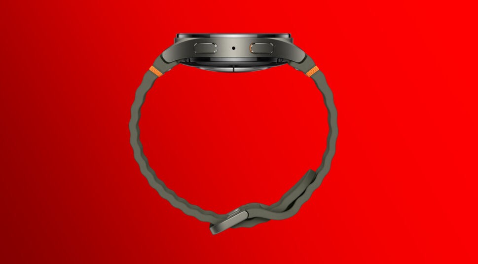 Die Galaxy Watch7 von oben vor rotem Hintergrund.