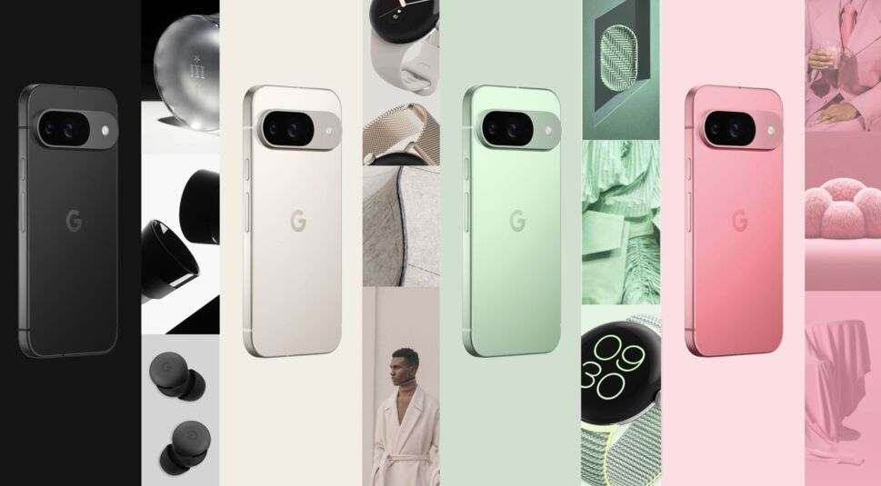 Das Pixel 9 in den Farben Obsidian, Porcelain, Wintergreen und Peony