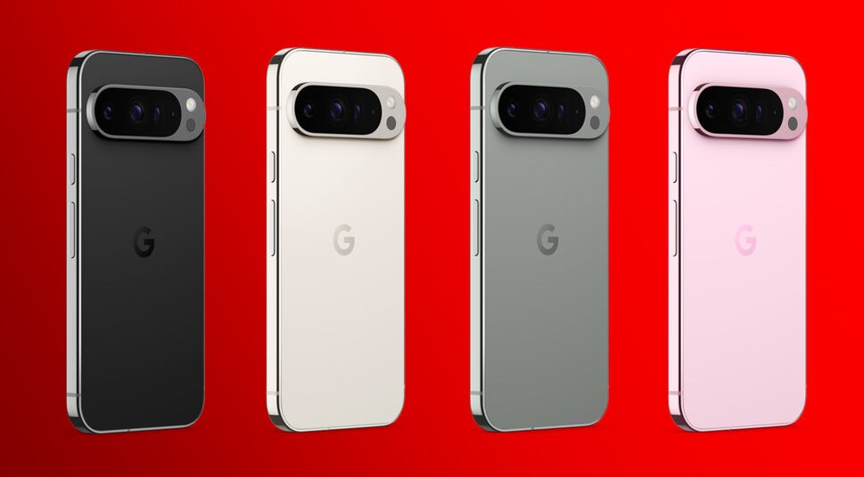 Auf dem Bild sind die vier Farbvarianten des Google Pixel 9 Pro aus der Pixel 9 Reihe zu sehen, von links nach rechts: Obsidian (Schwarz), Porcelain (Weiß), Hazel (gedecktes Grün) und Rose Quartz (gedecktes Rosa). Die Smartphones stehen vor einem leuchtend roten Hintergrund und zeigen ihre Rückseite mit dem markanten Google-Logo und der horizontalen Kameraeinheit, die sich über die gesamte Breite des Geräts erstreckt.