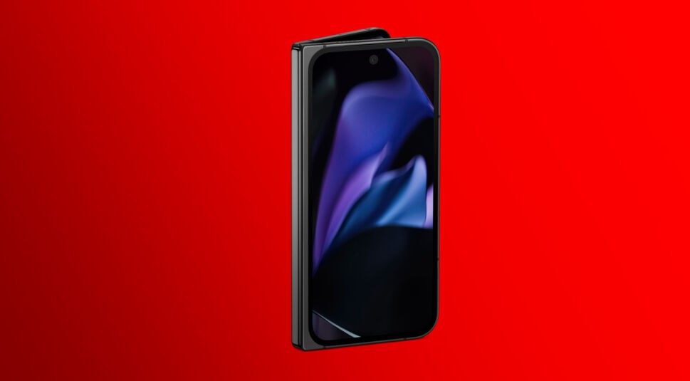 Auf dem Bild ist das Google Pixel 9 Pro Fold aus der Google Pixel 9 Reihe bei Vodafone zu sehen. Das Smartphone ist in der Farbvariante Obsidian (Schwarz) vor einem leuchtend roten Hintergrund dargestellt und leicht aufgeklappt. Der Bildschirm zeigt ein abstraktes Design in Blau- und Lilatönen. Das faltbare Design des Geräts ist deutlich erkennbar.