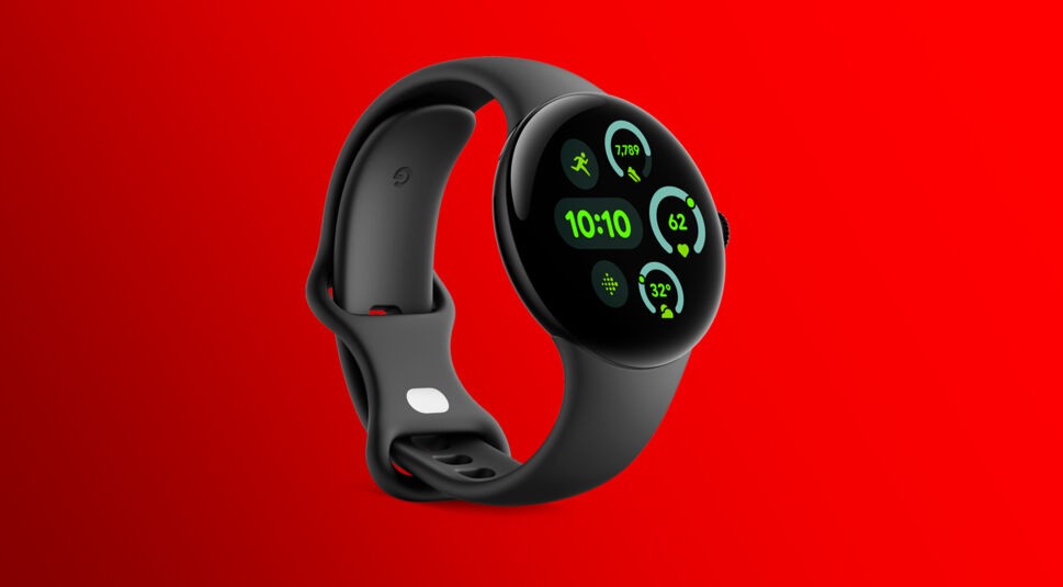 Auf diesem Bild ist die Pixel Watch 3 von Google in einer schrägen Ansicht dargestellt. Die Smartwatch zeigt auf ihrem runden Display die Uhrzeit und verschiedene Fitness- und Gesundheitsdaten in leuchtend grünem Text. Das schwarze Gehäuse und das schwarze Armband der Uhr werden durch den roten Hintergrund stark hervorgehoben, was das moderne und elegante Design der Uhr betont.