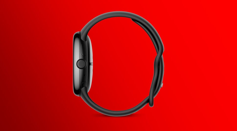 Auf diesem Bild ist die Pixel Watch 3 von Google in einer seitlichen Ansicht dargestellt. Die schlanke Form der Smartwatch und das minimalistische Design des schwarzen Gehäuses und Armbands stehen im Mittelpunkt. Die Krone an der Seite der Uhr ist deutlich sichtbar, was ihre Funktionalität betont. Der rote Hintergrund schafft einen starken Kontrast und lässt die Uhr besonders elegant wirken.