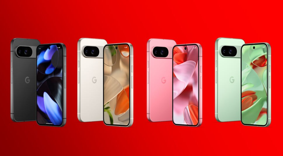 Auf dem Bild sind die vier Farbvarianten des Pixel 9 aus der Pixel 9 Reihe zu sehen, von links nach rechts: Obsidian (Schwarz), Porcelain (Weiß), Peony (Rosa) und Wintergreen (Mintgrün). Die Smartphones stehen vor einem leuchtend roten Hintergrund, wobei die Rückseite und die Vorderseite mit farbenfrohen, abstrakten Bildschirmhintergründen in passenden Farben dargestellt werden.