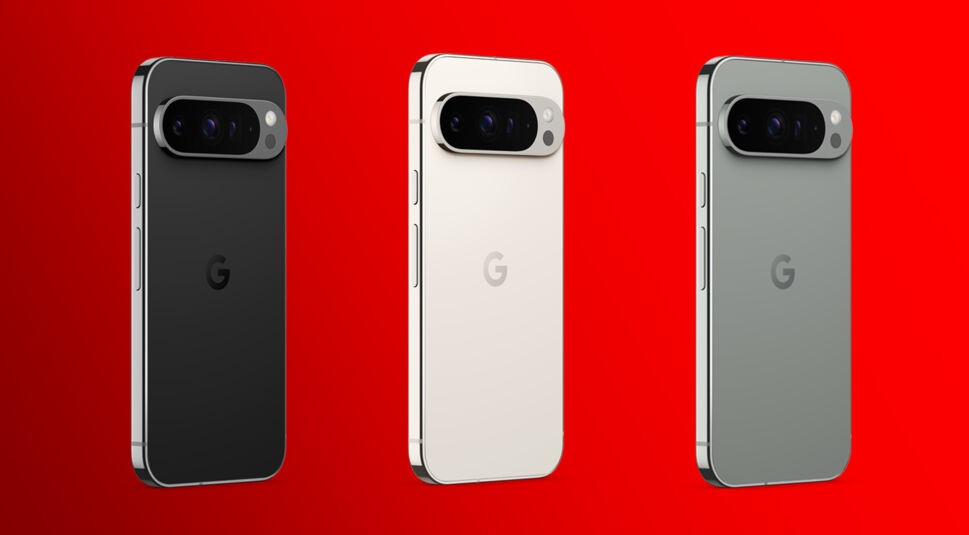 Auf dem Bild sind drei Farbvarianten des Google Pixel 9 Pro XL aus der Google Pixel 9 Reihe bei Vodafone zu sehen. Von links nach rechts sind die Farben Obsidian (Schwarz), Porcelain (Weiß) und Hazel (gedecktes Grün) dargestellt. Die Smartphones sind vor einem leuchtend roten Hintergrund positioniert, wobei ihre Rückseiten mit dem Google-Logo und der horizontalen Kameraeinheit klar zu erkennen sind.