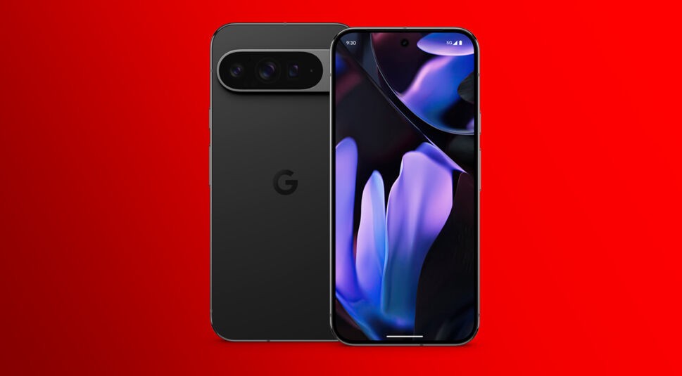 Auf dem Bild ist das Pixel 9 Pro XL aus der Serie der neuen Pixel Smartphones zu sehen. Das Smartphone ist in der Farbvariante Obsidian (Schwarz) vor einem leuchtend roten Hintergrund abgebildet. Die Rückseite zeigt das Google-Logo und die horizontale Kameraeinheit mit drei Linsen. Auf der Vorderseite ist der Bildschirm mit einem abstrakten Design in intensiven Blau- und Lilatönen zu sehen.