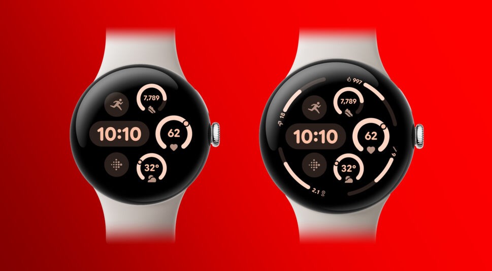 Auf dem Bild sind zwei Google Pixel Watch 3 Smartwatches nebeneinander zu sehen, beide mit silbernen Armbändern. Die Uhren zeigen die Uhrzeit und verschiedene Fitness- und Gesundheitsdaten auf ihren runden Displays, wobei die Anzeige in einem hellen Rosaton gehalten ist. Der leuchtend rote Hintergrund lässt die Uhren modern und stilvoll wirken.