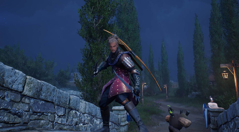 Ein Spieler nutzt Dolche und steht auf einer Brücke