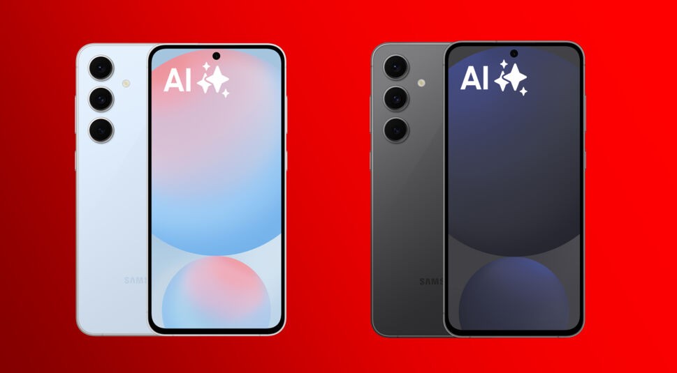 Das Bild zeigt das Samsung Galaxy S24 FE in zwei unterschiedlichen Farbvarianten von vorn und hinten. Auf der rechten Seite ist die Fan Edition von 2024 in der Farbe Graphite (Grau) und auf der linken Seite in Blue (Blau) abgebildet.