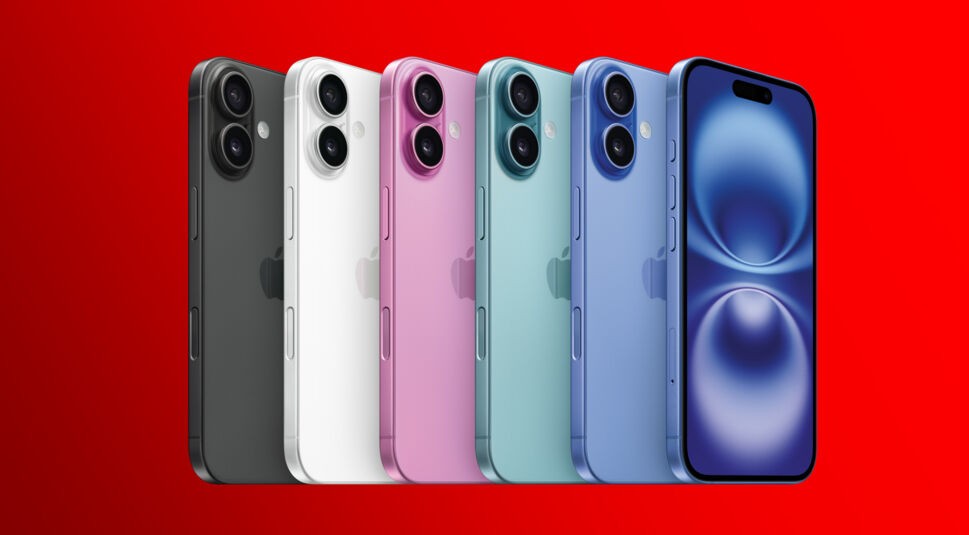 Auf diesem Bild zum Apple Event 2024 ist die Farbauswahl der iPhone 16 Plus-Modelle zu sehen. Die Smartphones stehen nebeneinander in den Farben Ultramarin, Blaugrün, Pink, Weiß und Schwarz. Jedes Gerät zeigt die Rückseite mit dem Dual-Kamerasystem und das schlanke Design. Der leuchtend rote Hintergrund verstärkt die lebendigen Farben der Geräte und hebt die moderne Ästhetik hervor.