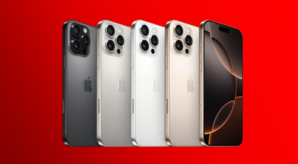 Auf diesem Bild zum Apple Event 2024 sind das iPhone 16 Pro und Pro Max in den Farben Titan Wüstensand, Titan Schwarz, Titan Weiß und Titan Natur nebeneinander zu sehen. Jedes Modell zeigt das markante Kamerasystem und das schlanke, titanverstärkte Design. Der leuchtend rote Hintergrund verstärkt den Kontrast zu den eleganten Farbtönen der Smartphones.