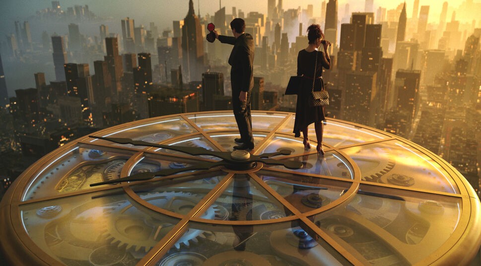 Auf dem Artikelbild von Megalopolis-Kritik sind die Charaktere Julia und Cesar zu sehen. Beide stehen auf einem riesigen Uhrwerk hoch über einer futuristischen Stadt, deren Skyline von Sonnenuntergang und Nebel umhüllt ist. Cesar hält ein leuchtendes, sechseckiges Objekt in der Hand, während Julia mit einem Fernglas in die Ferne blickt. Die Stimmung ist geheimnisvoll und dramatisch, unterstützt durch das goldene Licht und die mechanischen Zahnräder unter ihnen.