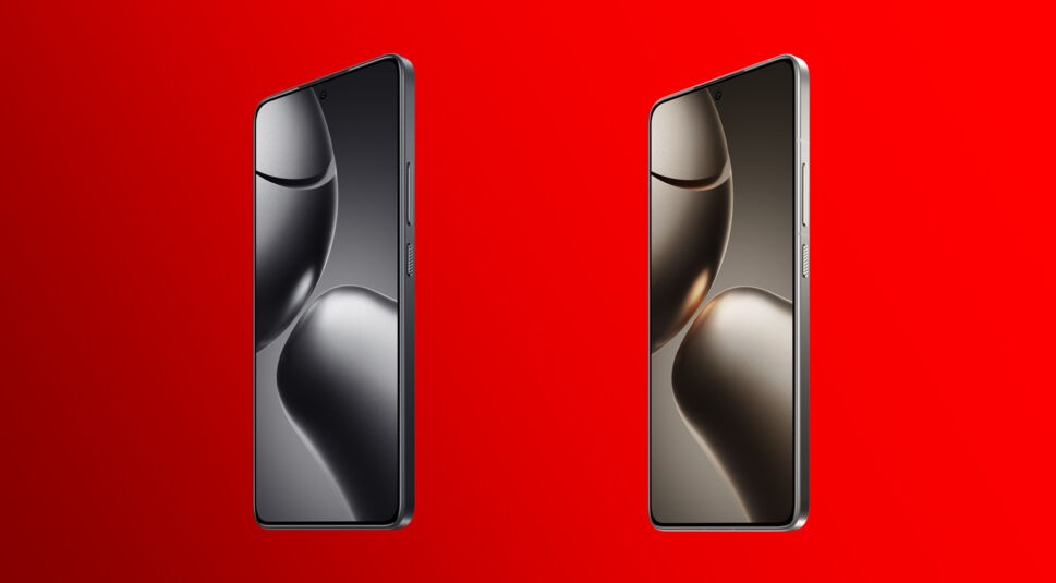 Das Xiaomi 14T (links) und 14T Pro (rechts) sind von vorn zu sehen. auf der rechten Gehäuseaußenseite sind zwei Knöpfe zu sehen,