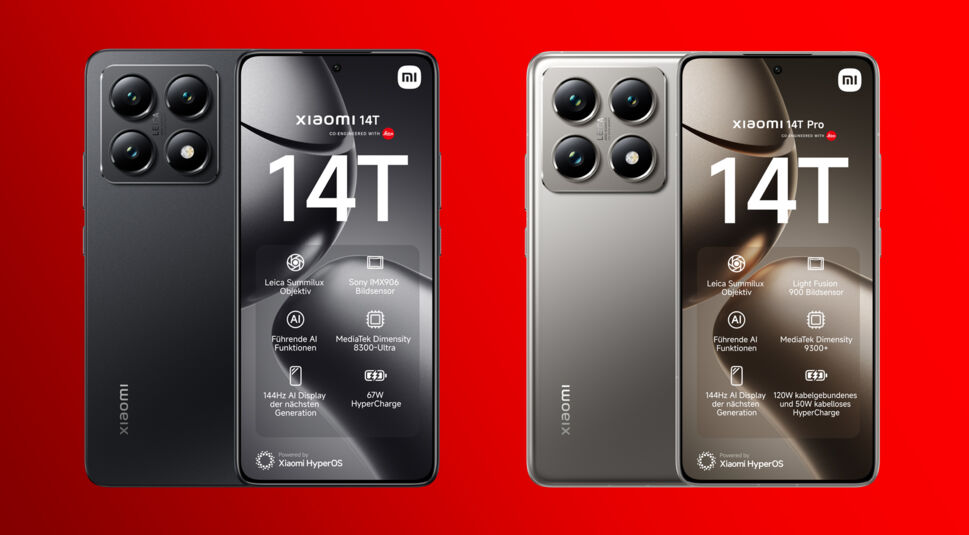 Auf diesem Bild stehen das Xiaomi 14T und das Xiaomi 14T Pro nebeneinander. Die beiden neuen Smartphone-Modelle sind von vorn und hinten zu erkennen und auf einen roten Hintergrund gelegt. Auf dem Display sind die technischen Eckdaten zu erkennen.