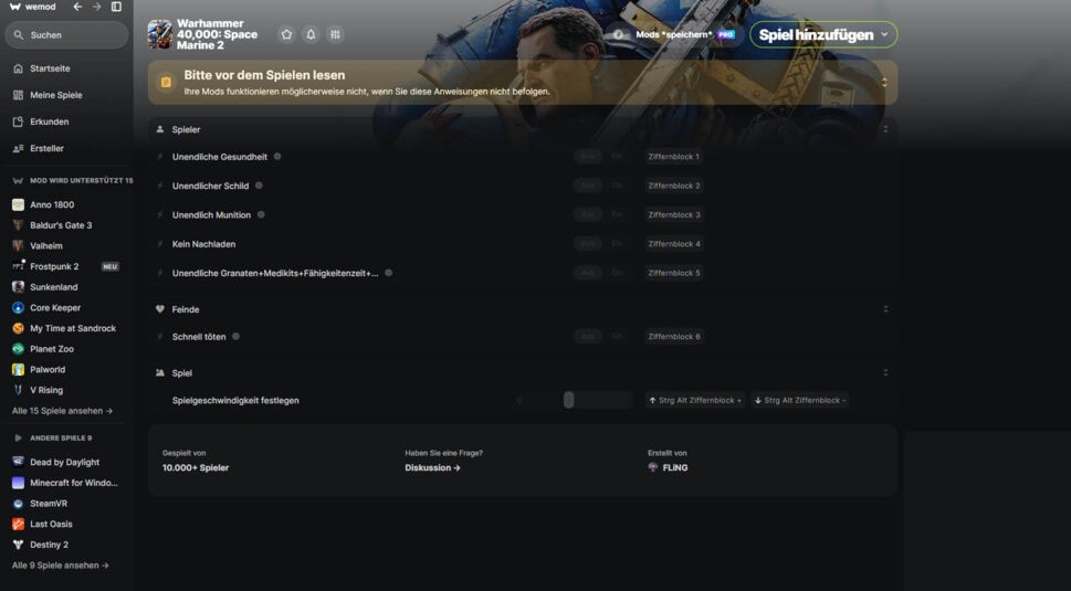 Ein Screenshot des WeMod-Trainers für Warhammer 40,000: Space Marine 2