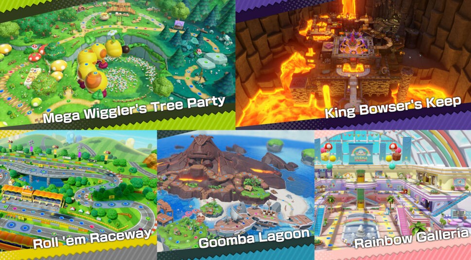 Auf diesem Bild aus dem Super Mario Party-Jamboree-Test sind sechs verschiedene Spielbretter zu sehen. Oben links ist "Mega Wiggler's Tree Party", eine grüne, waldähnliche Karte mit großen Pilzen. Oben rechts befindet sich "King Bowser's Keep", eine gefährliche Lava-Festung. Unten links ist "Roll 'em Raceway", eine Rennstrecke mit mehreren Straßen und Kurven. Daneben ist "Goomba Lagoon", eine tropische Insel mit einem großen Vulkan. Unten rechts sieht man "Rainbow Galleria", eine farbenfrohe, luxuriöse Einkaufsmall mit Regenbogenfarben und Dekorationen.