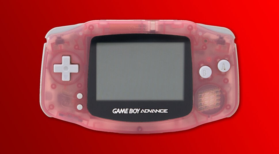 Ein Game Boy Advance vor rotem Hintergrund