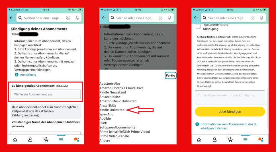 Es werden einzelne Schritte der Kindle Unlimited Kündigung via Amazon App gezeigt.