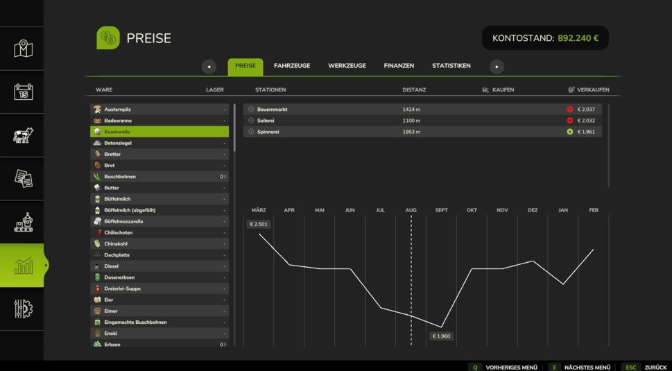 Interface der Preisübersicht in Landwirtschafts-Simulator 25