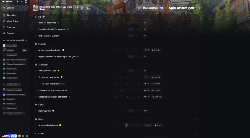 Überblick der WeMod-Cheats zu Romancing SaGa 2: Revenge of the Seven