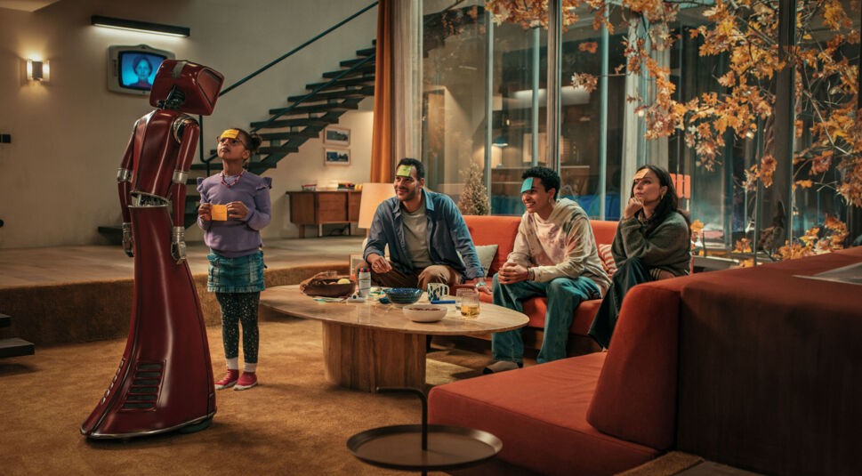 Auf dem Bild aus "Cassandra" sind Marie Tölle als Juno, Michael Klammer als David, Joshua Kantara als Fynn und Mina Tander als Samira in einer warmen Familienszene zu sehen. Juno steht links neben dem humanoiden Roboter Cassandra und trägt einen violetten Pullover mit einem gelben Notizzettel auf der Stirn. Die anderen sitzen auf einem orangefarbenen Sofa und spielen das gleiche Spiel, ebenfalls mit Notizzetteln auf der Stirn. Der Raum ist gemütlich mit Herbstdekoration gestaltet, und große Fenster im Hintergrund lassen die Abendstimmung herein.