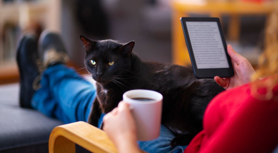 Ein Frau liest aus einem E-Reader und hält dabei einen Kaffeebecher. Eine Katze sitzt auf ihrem Schoß.
