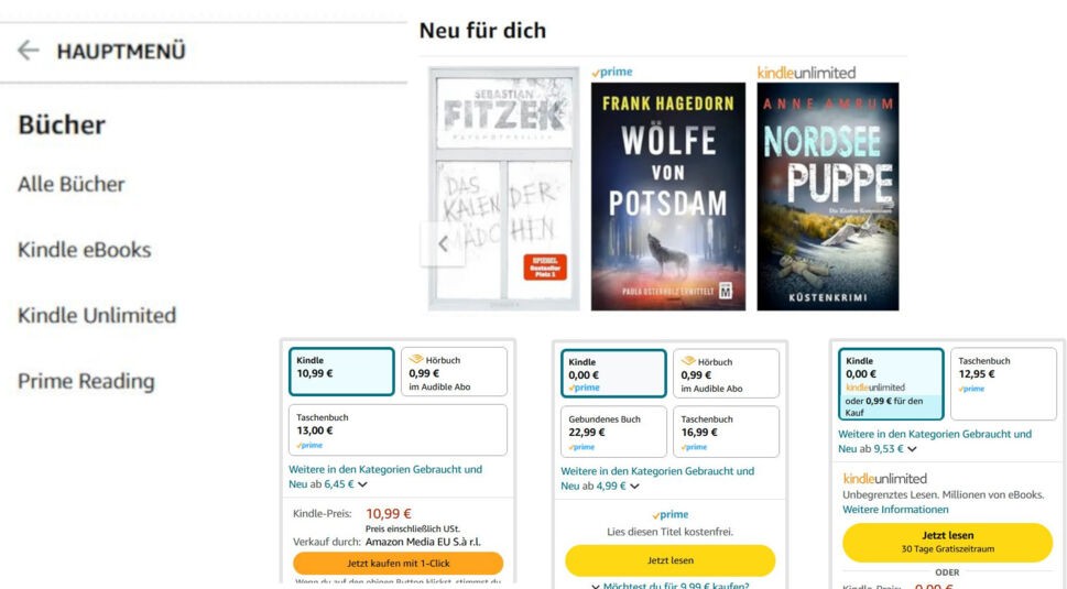 Eine Sammlung verschiedener Menüs und E-Book-Preisen aus dem Amazon-Shop.