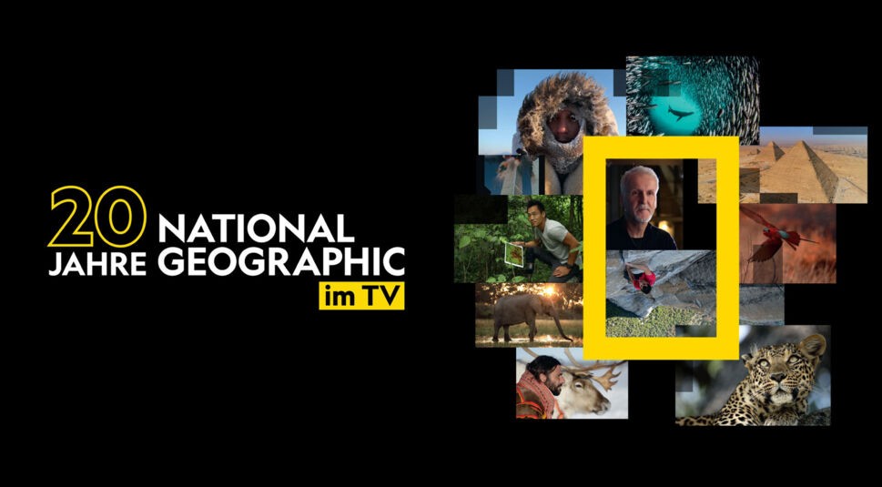 Auf dem Bild im Artikel zum National Geographic Special bei GigaTV siehst du ein schwarzes Hintergrundbild mit der Aufschrift "20 Jahre National Geographic im TV" links in gelber und weißer Schrift. Rechts daneben sind verschiedene Natur- und Abenteuermotive in einem Collagenstil platziert.