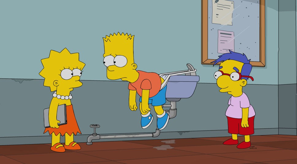 Auf dem Bild in dem Artikel zu den besten Simpsons-Folgen ist zu sehen, wie Bart an seiner Unterhose an einem Waschbecken hängt. Rechts von ihm steht Milhouse und links von ihm steht Lisa. Beide schauen ihn an. 