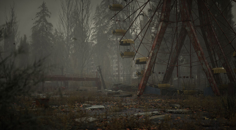 Auf dem Bild in dem Artikel über die Stalker 2-Tipps ist ein kaputtes Riesenrad zu sehen. Der Ort sieht verlassen aus. Es sind Bäume und ein Boden voller Blätter zu sehen.  
