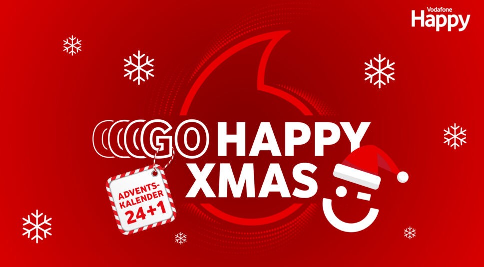 Das Bild zeigt die weihnachtliche Kampagne "Happy Adventskalender 2024" von Vodafone. Auf einem roten Hintergrund steht der Schriftzug "Go Happy Xmas" mit Schneeflocken und einem lächelnden Gesicht mit Weihnachtsmütze. Ein Anhänger mit der Aufschrift "Adventskalender 24+1" hebt das Angebot hervor.