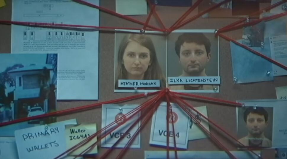 Ein Foto von Heather Morgan und Ilya Lichtenstein an einer Pinnwand.