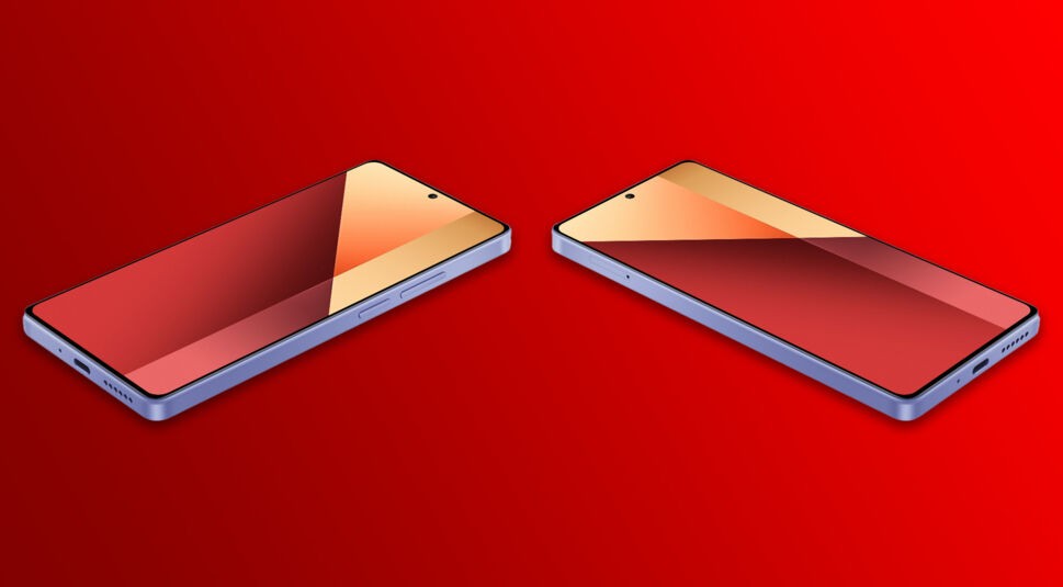 Das Redmi Note 13 Pro Lavender/Purple vor rotem Hintergrund