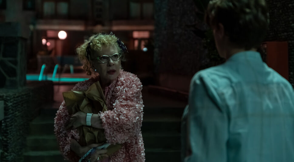 Evelyn Boogle (gespielt von Sunnyi Melles) und Peter Shaw (Nevio Wendt) in einer Szene aus "Die drei ??? und der Karpatenhund". Evelyn, in einem rosafarbenen Mantel mit auffälliger Struktur, hält ein braunes Paket fest und wirkt besorgt. Die Szene spielt bei Nacht vor einem beleuchteten Gebäude mit einem Pool im Hintergrund.