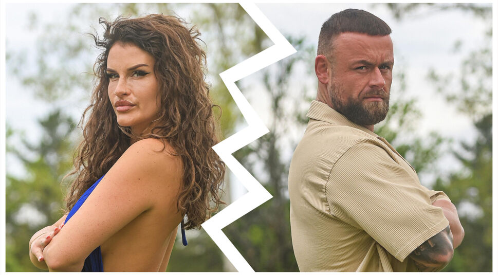 Auf dem Bild in dem Artikel zu den Prominent getrennt Staffel 4 Paaren sind Felix und Babu zu sehen, getrennt durch eine gezackte Linie. Felix trägt ein helles Hemd und zeigt mit verschränkten Armen und ernstem Blick seine tätowierten Unterarme. Babu steht ihm gegenüber in einem blauen Kleid mit offenen Haaren und einem selbstbewussten Ausdruck. Beide posieren vor einem natürlichen Hintergrund.