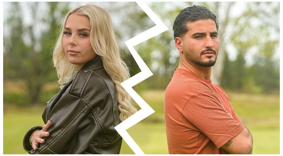 Auf dem Bild in dem Artikel zu den Prominent getrennt Staffel 4 Paaren sind Jana und Sidar zu sehen, getrennt durch eine gezackte Linie. Jana trägt eine dunkle Lederjacke, hat blondes, welliges Haar und blickt selbstbewusst in die Kamera. Sidar steht ihr gegenüber in einem orangefarbenen T-Shirt, zeigt seinen tätowierten Unterarm und hat einen ernsten Gesichtsausdruck. Beide posieren mit verschränkten Armen vor einem natürlichen Hintergrund.