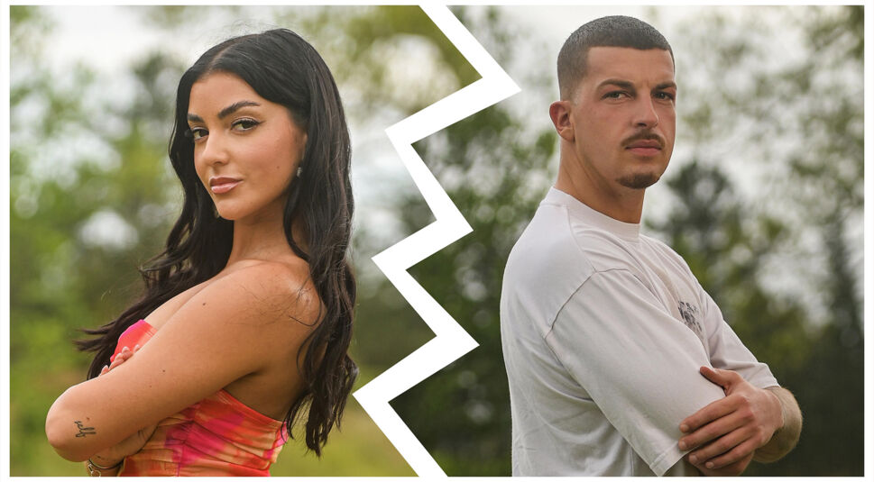 Auf dem Bild in dem Artikel zu den Prominent getrennt Staffel 4 Paaren sind Jennifer und Nico zu sehen, getrennt durch eine gezackte Linie. Jennifer trägt ein pink-orangefarbenes Kleid, hat langes, dunkles Haar und schaut mit einem selbstbewussten Ausdruck in die Kamera. Nico steht ihr gegenüber in einem weißen T-Shirt, hat kurze Haare und blickt ernst. Beide posieren mit verschränkten Armen vor einem natürlichen Hintergrund.