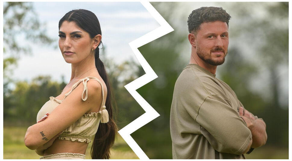 Auf dem Bild in dem Artikel zu den Prominent getrennt Staffel 4 Paaren sind Yeliz und Jannik zu sehen, getrennt durch eine gezackte Linie. Yeliz trägt ein beigefarbenes Outfit mit geknoteten Trägern, hat langes, dunkles Haar und einen entschlossenen Blick. Jannik steht ihr gegenüber in einem hellbraunen Shirt, schaut selbstbewusst in die Kamera und hat die Arme verschränkt. Beide posieren vor einem natürlichen Hintergrund.