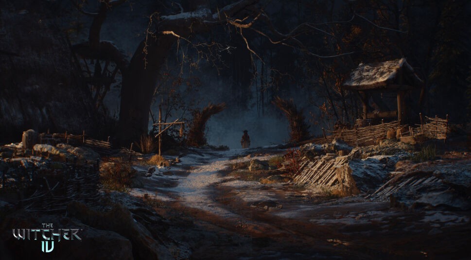 Auf dem Bild zu The Witcher 4 ist eine düstere, verschneite Landschaft zu sehen. Ein schneebedeckter Pfad führt durch ein kleines, verlassen wirkendes Dorf mit einem Brunnen und Holzzäunen. Im Hintergrund steht eine mysteriöse Gestalt, die als Opfergabe dargeboten scheint, umgeben von Nebel und kahlen Bäumen. Die Szene wirkt unheimlich und atmosphärisch, mit einem starken Fokus auf Licht und Schatten.