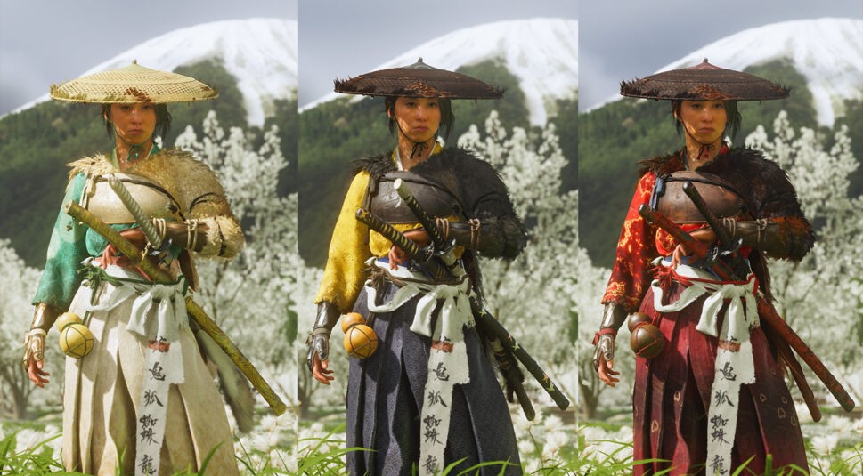 In diesem Bild aus dem Spiel Ghost of Yotei ist ein weiblicher Charakter dreifach nebeneinander zu sehen, jeweils in unterschiedlichen Rüstungen: links in Grün und Beige mit Strohhut, mittig in Gelb und Schwarz mit dunklem Hut, rechts in Rot und Braun.