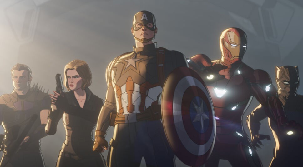 Auf dem Bild aus der animierten Serie Marvel Zombies sind fünf ikonische Marvel-Charaktere in dramatischer Pose zu sehen: Hawkeye, Black Widow, Captain America, Iron Man und Black Panther.