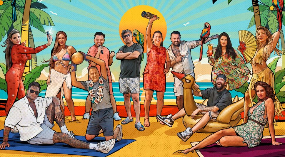 Auf dem Bild zur Reality-Show „Promis unter Palmen 2025“ posieren verschiedene Prominente in einer bunten, karikaturartigen Strandkulisse. Zu sehen sind Lotto-Millionär Chico, Claudia Obert, Menowin Fröhlich, Janina Youssefian, Eike Immel, Iris Klein, Chris Manazidis, Kim Virginia, Cosimo Citiolo, Lisha Savage, Nikola Glumac und Melody Haase. Die Szene ist lebendig und fröhlich, mit tropischen Elementen wie Palmen, Papageien und einem aufblasbaren Flamingo.