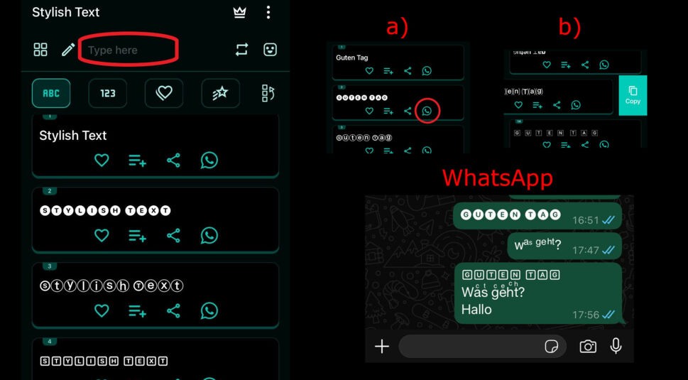 Darstellung Texteigabe bei Stylish Text und Anwendung in WhatsApp.
