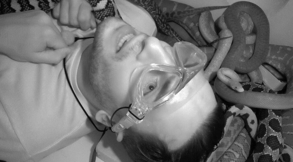 Auf dem Bild zum Dschungelcamp 2025 ist Maurice zu sehen, wie er während einer Dschungelprüfung in einer Kiste liegt, umgeben von mehreren Schlangen. Er trägt eine Schutzbrille und wirkt angespannt, aber konzentriert. Die Szene ist in Schwarz-Weiß gehalten, was die intensive und nervenaufreibende Atmosphäre der Herausforderung unterstreicht. Die Schlangen schlängeln sich dicht um seinen Kopf und Körper, typisch für die Mutproben im Dschungelcamp.