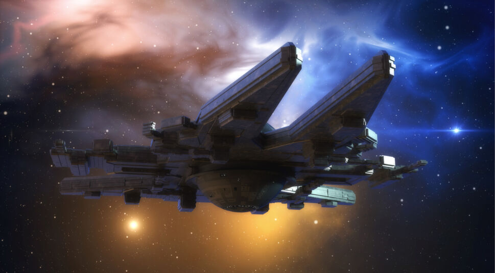 Auf diesem Symbolbild für den kommenden Star Wars Film Dawn of the Jedi von James Mangold ist ein massives, futuristisches Raumschiff im Weltraum zu sehen. Das Schiff schwebt vor einem farbenfrohen Nebel mit leuchtenden Sternen, die die Szene dramatisch beleuchten. Die imposante Struktur des Schiffes vermittelt eine mystische und epische Atmosphäre, passend zur Ära der frühen Jedi.