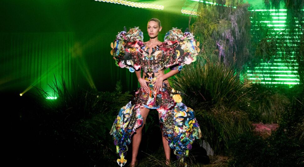 Auf dem Bild zu GNTM 2025 ist Daniela in einem avantgardistischen Outfit zu sehen. Ihr Kleid ist kunstvoll gestaltet mit farbenfrohen, dreidimensionalen Elementen, die an Schmetterlinge und Naturmotive erinnern. Die Szene ist in grünes Licht getaucht, mit einer Kulisse aus Pflanzen und Lichteffekten, die eine mystische Atmosphäre erzeugen. Daniela steht selbstbewusst inmitten der Inszenierung.