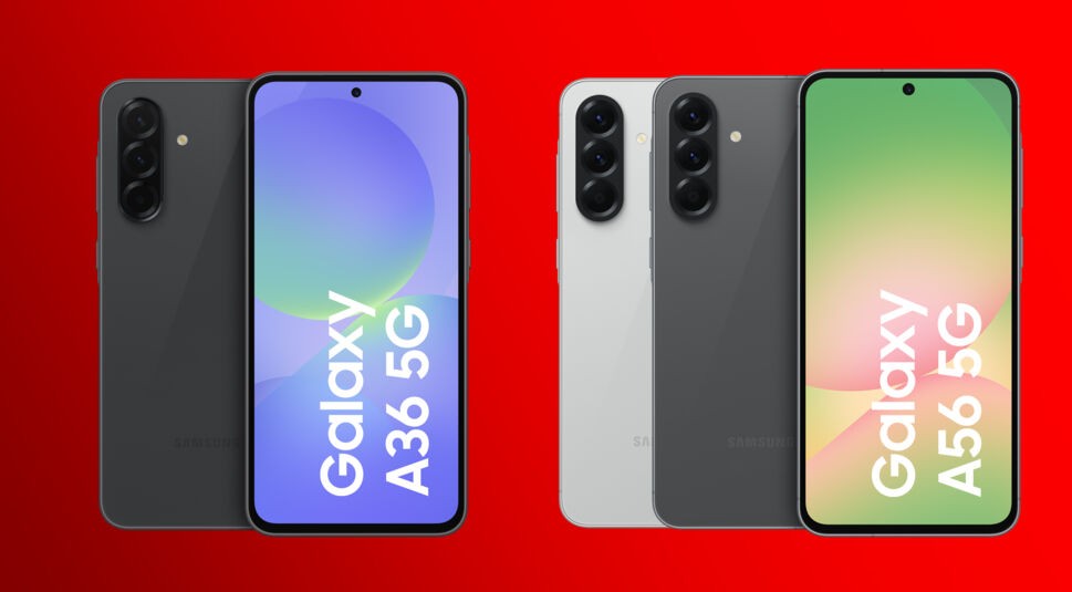 Das Bild zeigt die Smartphones Samsung Galaxy A36 & A56 im Hands-on. Links ist das Galaxy A36 in Schwarz mit seinem Display und der Triple-Kamera zu sehen. Rechts steht das Galaxy A56 in zwei Farbvarianten: Hellgrau und Anthrazit. Beide Geräte haben ein 6,7-Zoll-Display mit Punch-Hole-Kamera. Der rote Hintergrund hebt die Smartphones optisch hervor.