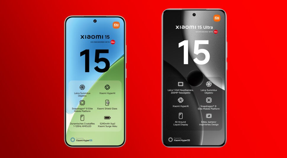 Auf dem Bild sind das Xiaomi 15 und das Xiaomi 15 Ultra vor einem roten Hintergrund zu sehen. Beide Smartphones werden frontal dargestellt, mit großen Zahlen "15" auf den Displays. Darunter sind technische Details wie das Leica Summilux-Objektiv, der Snapdragon 8 Elite Prozessor und das Xiaomi HyperOS Betriebssystem hervorgehoben. Das Xiaomi 15 hat ein farbenfrohes Design mit Grün und Blau, während das Xiaomi 15 Ultra in einem eleganten Schwarz-Grau gehalten ist.