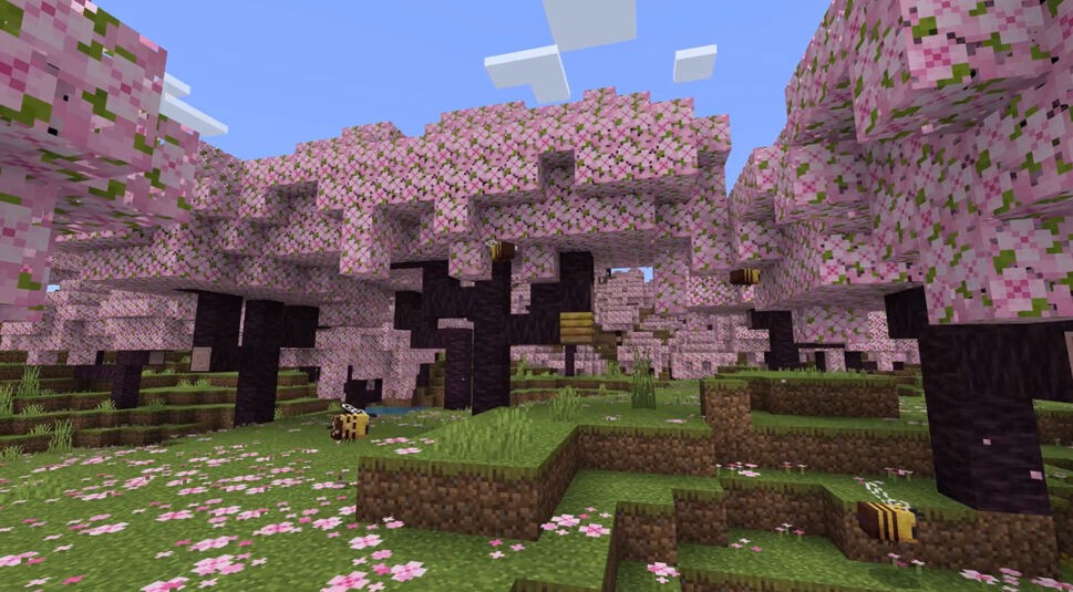 Auf dem Bild in dem Artikel zu den Minecraft-Fakten ist eine Szene aus dem Spiel Minecraft zu sehen, in der Kirschblütenbäume in voller Blüte stehen. Die rosa Blätter kontrastieren mit den dunklen Baumstämmen, während mehrere Bienen durch die Luft fliegen. Die Landschaft wirkt friedlich und naturverbunden.