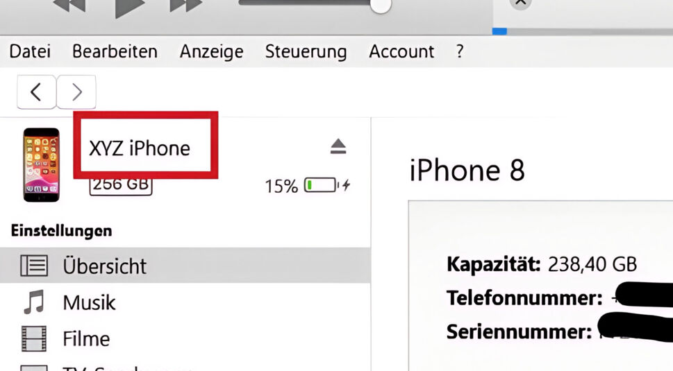 Zu sehen ist die iPhone Übersicht innerhalb von iTunes.